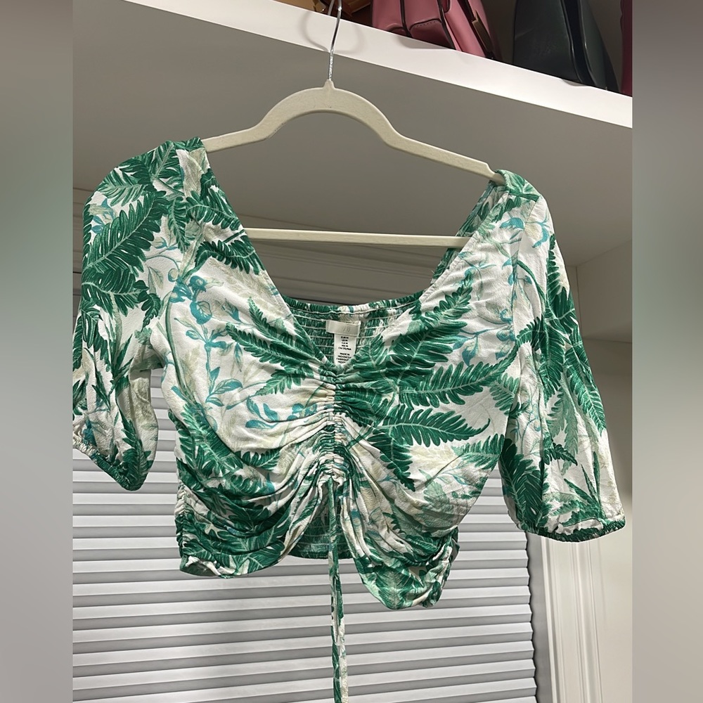 V-neck Drawstring Blouse❤️ White/leaf-patterned - Picture 6 of 8